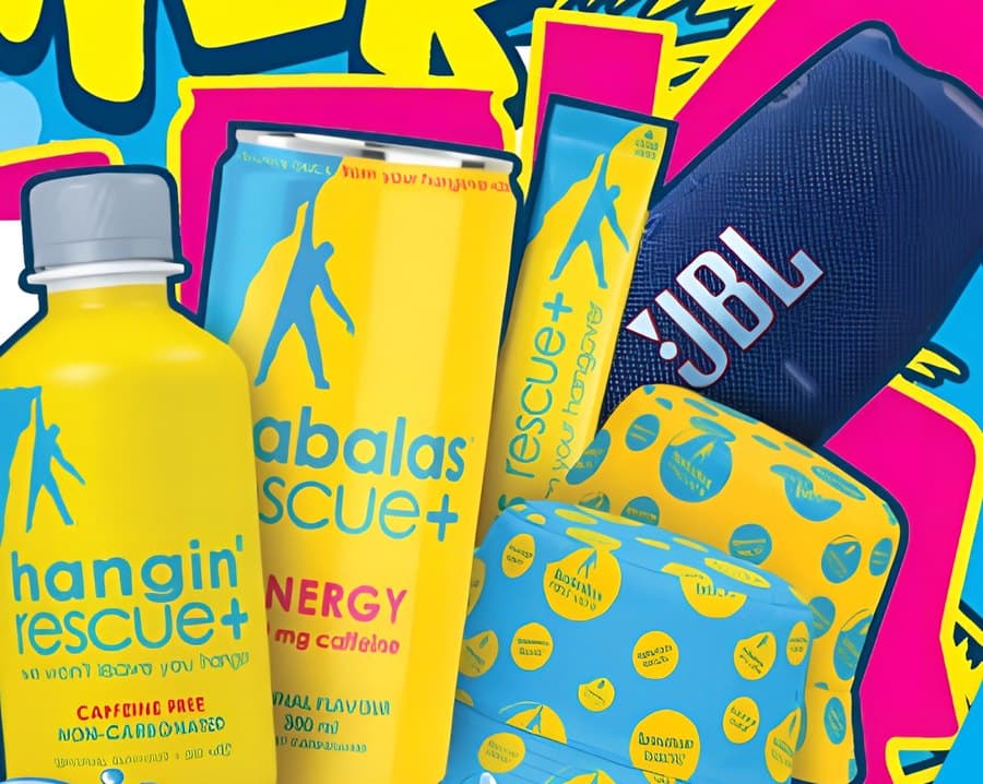 Babalas Rescue+ Hangin' bottle, Energy can and sachet with a JBL speaker and bucket hats